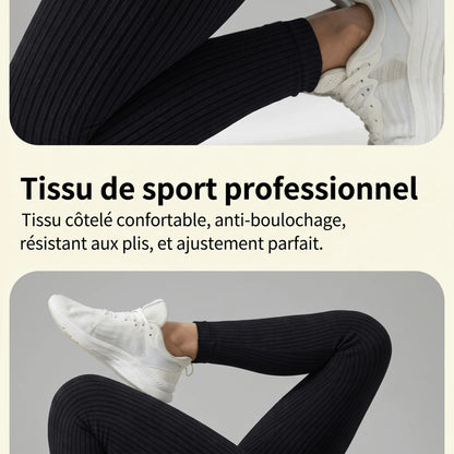 Tissu côtelé du legging, anti-boulochage et résistant aux plis, gros plan jambes