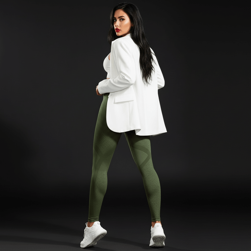 Legging de Compression Sculptant 3D | FitSculpt Positiflow porté par une femme en talon blanc et veste blanche, silhouette mise en valeur.