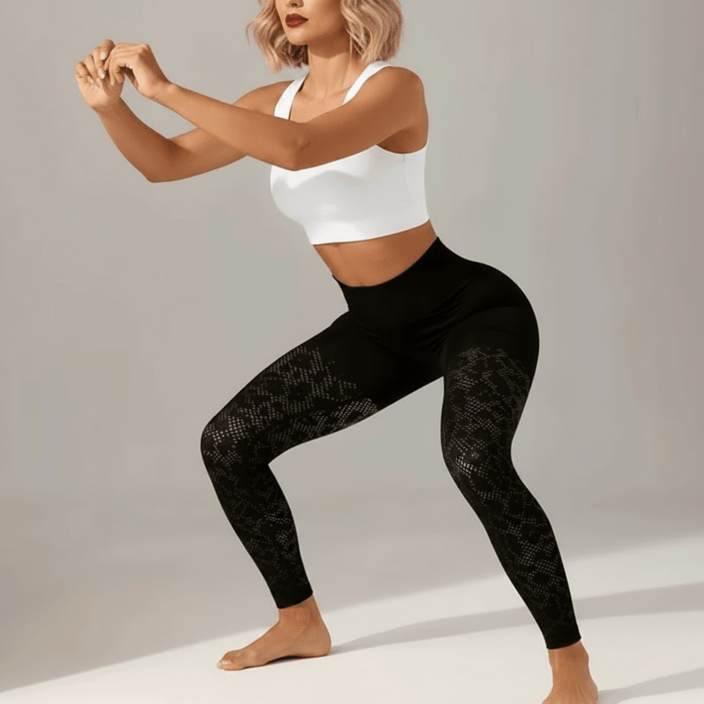 Legging de compression noir avec motif dentelle mesh, squat trois quarts, pieds nus, studio ivory gray gris clair.