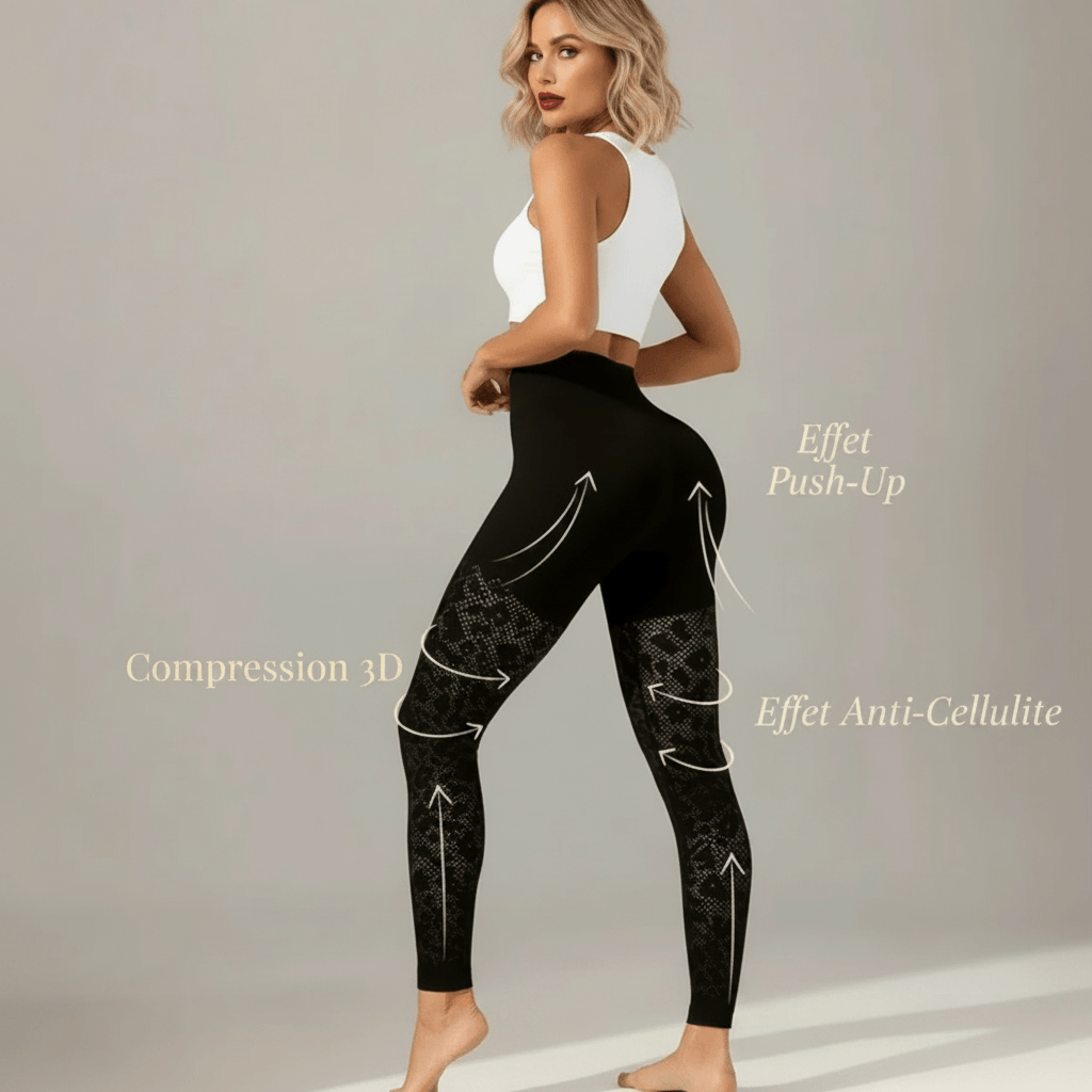 Infographie legging de compression noir : Compression 3D, effet push-up, effet anti-cellulite, vue dos trois quarts, fond ivory gray gris clair.