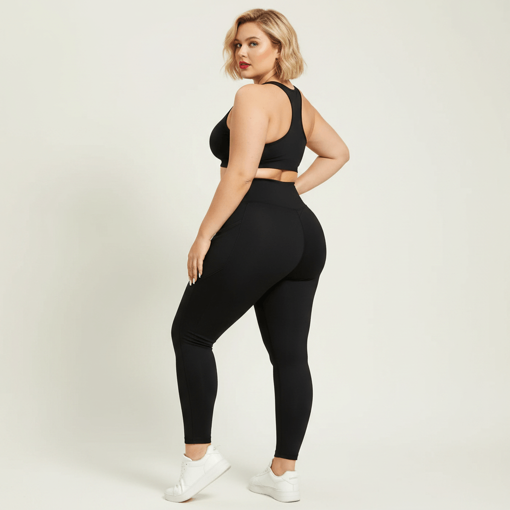 Legging femme grande taille noir uni taille haute poches latérales vue trois quarts dos galbe fessier studio