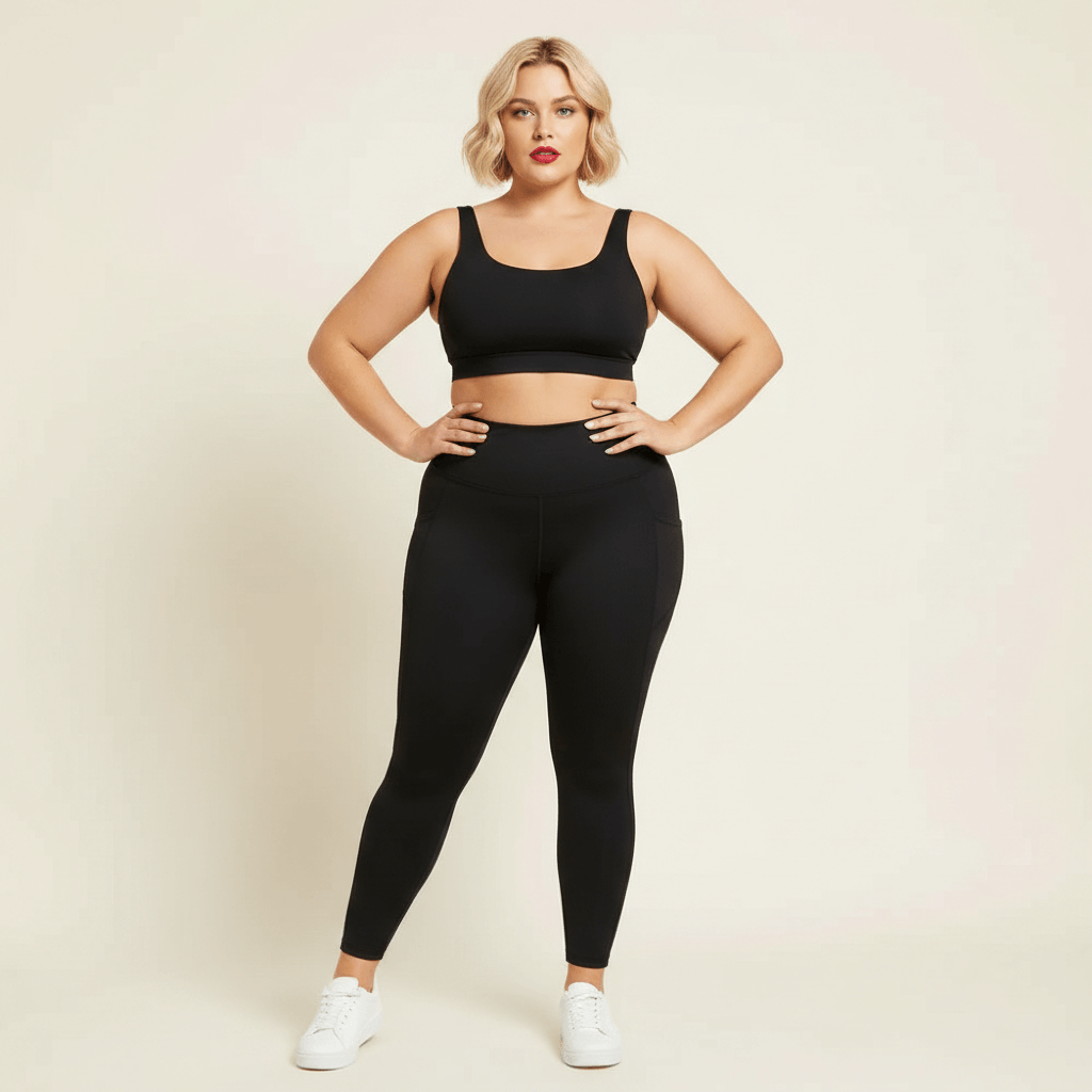 Legging femme grande taille noir uni taille haute poches latérales pose face mains sur les hanches studio