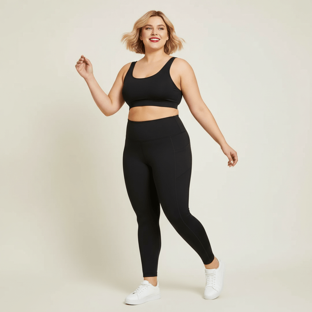 Legging femme grande taille noir uni taille haute poches latérales marche dynamique énergie studio