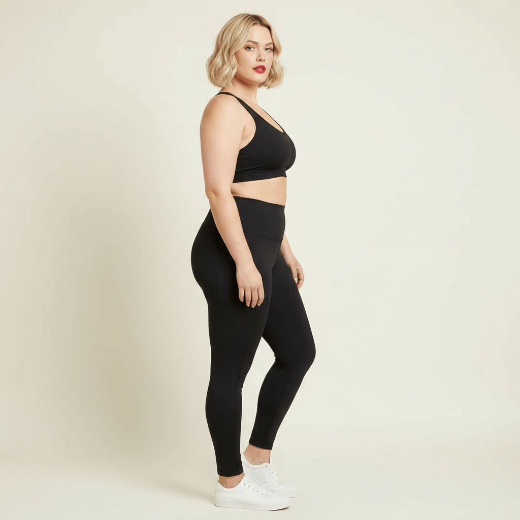 Legging femme grande taille noir uni taille haute poches latérales vue de profil debout studio