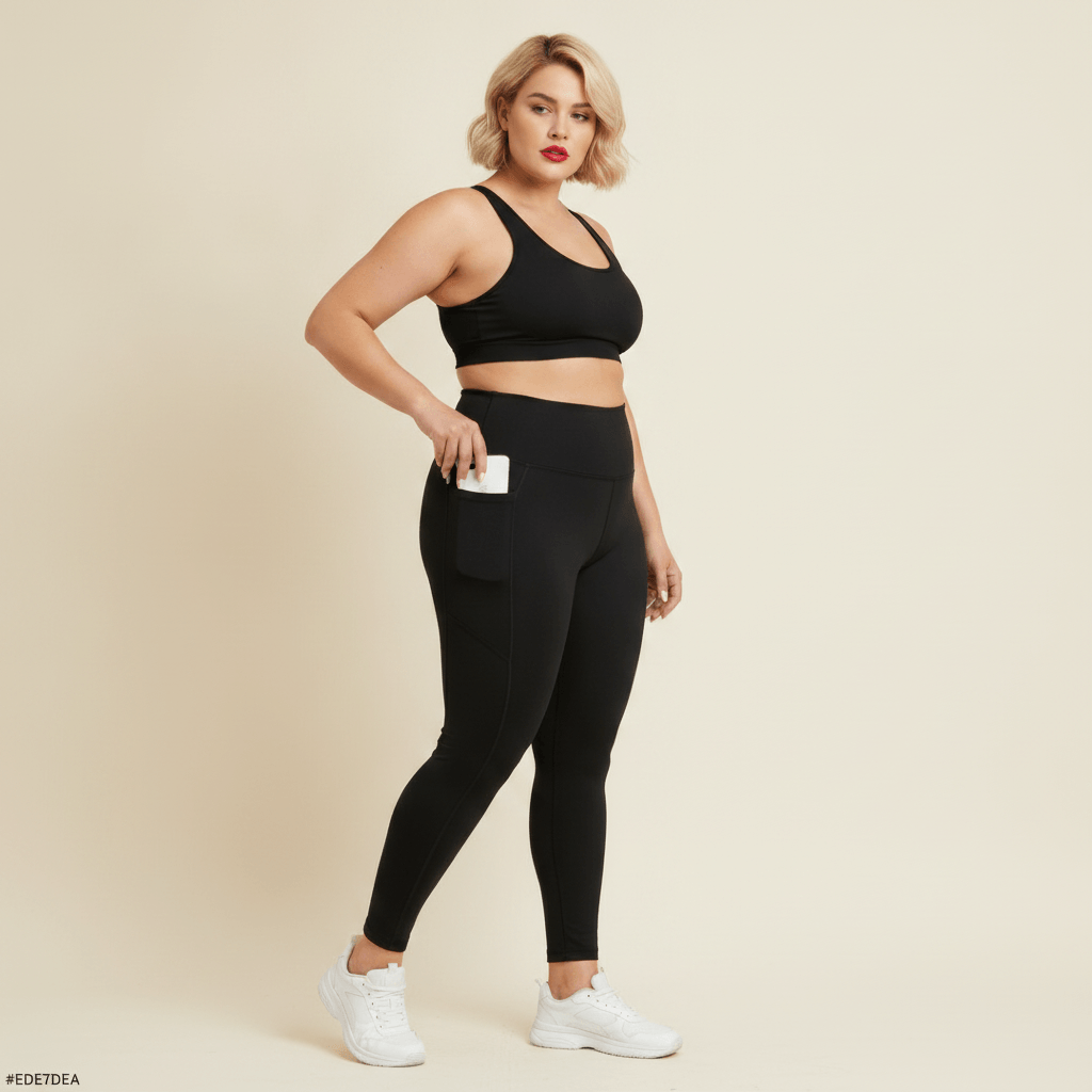 Legging femme grande taille noir uni taille haute main glissant téléphone dans poche latérale studio