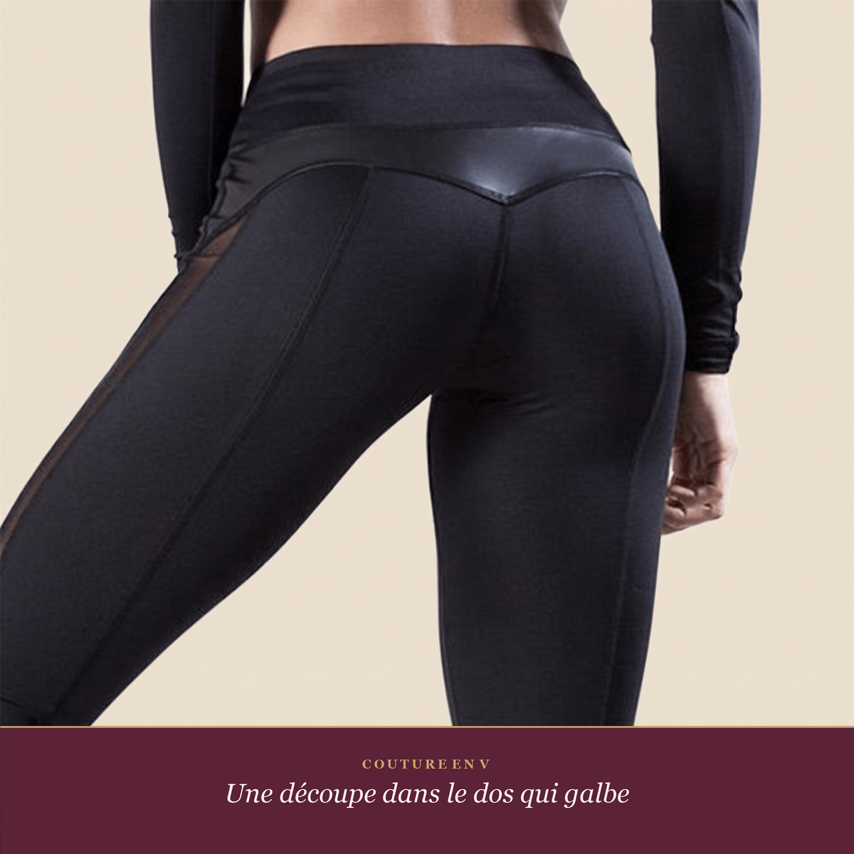 Gros plan sur la couture en V dans le dos du legging femme noir push up