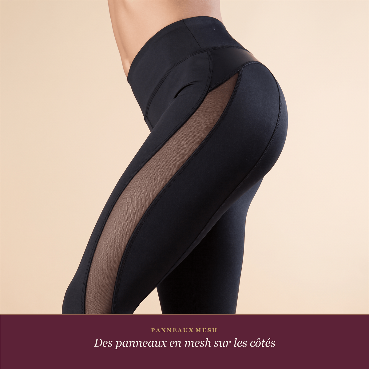 Gros plan de profil sur le panneau en mesh du legging femme noir taille haute
