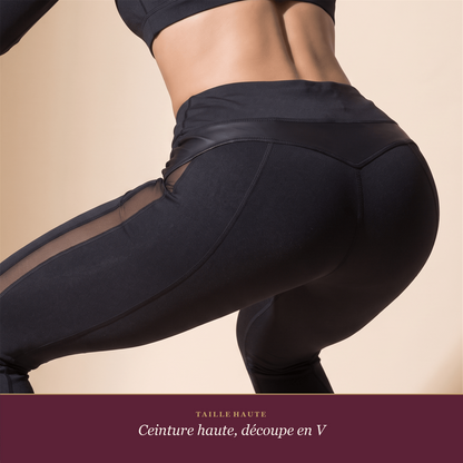 Legging noir femme taille haute, détail du dos en squat, ceinture haute et découpe en V