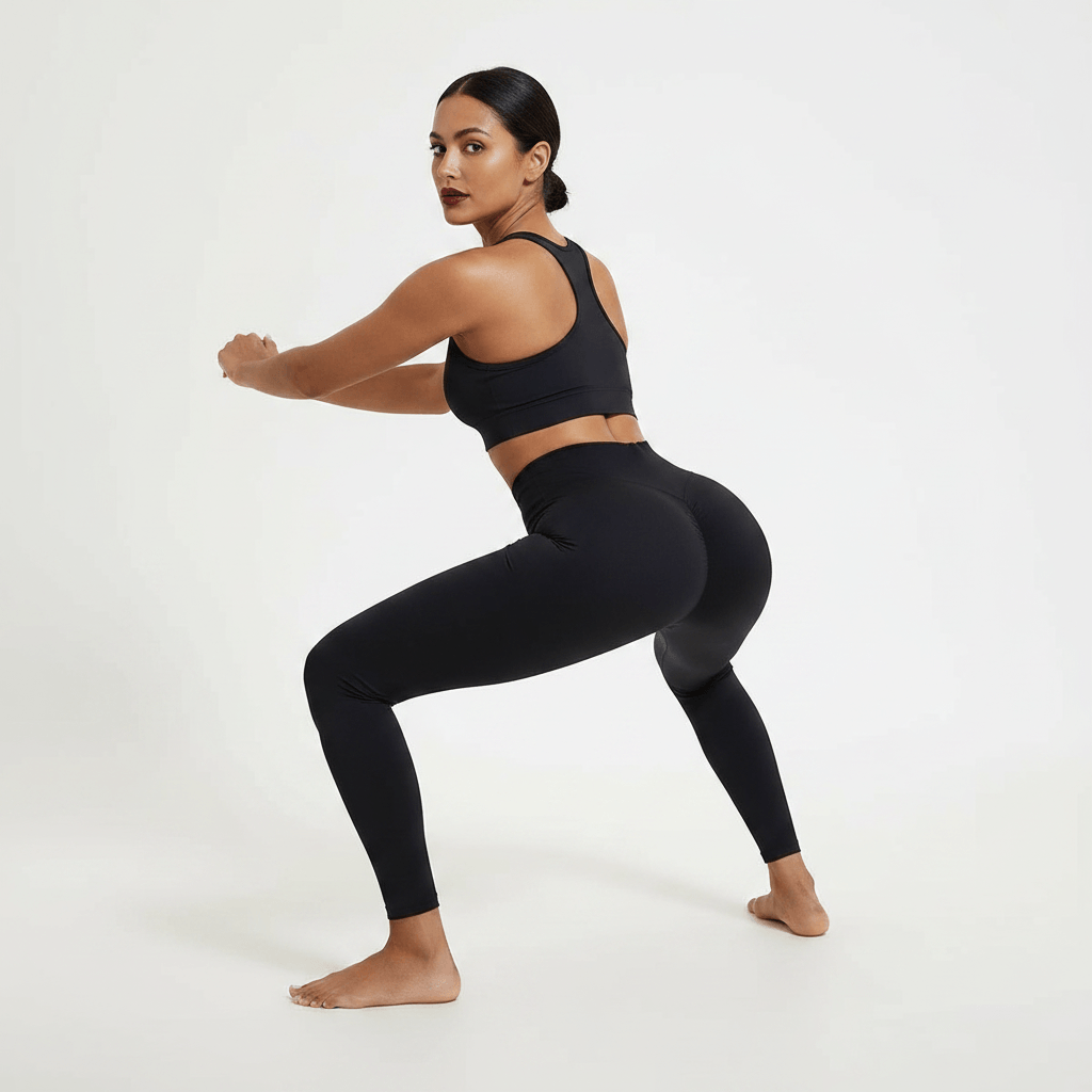Legging femme Positiflow noir push-up, squat vue de dos, scrunch sculptant, rendu éditorial premium