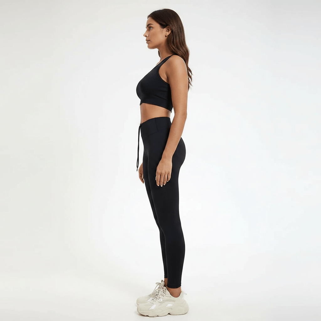 Legging femme Positiflow noir taille haute, photo éditoriale vue de profil, silhouette allongée, studio ivory gris