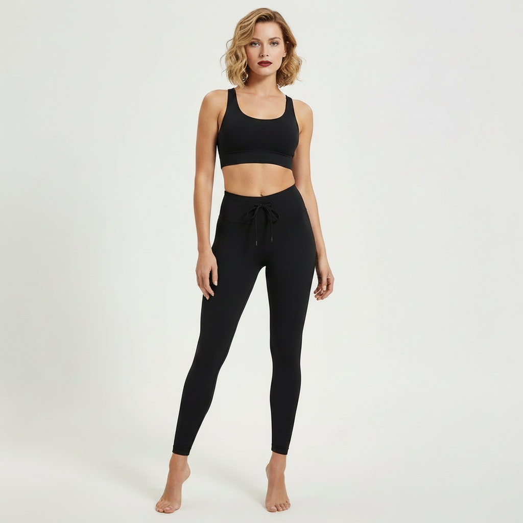 Legging femme Positiflow noir taille haute, cordon à la ceinture, photo hero studio premium
