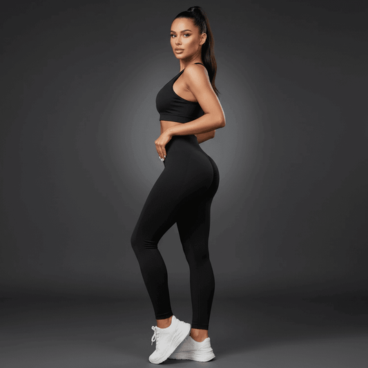 Legging femme push up noir vue de profil avec visage visible, effet galbant, tenue de sport chic