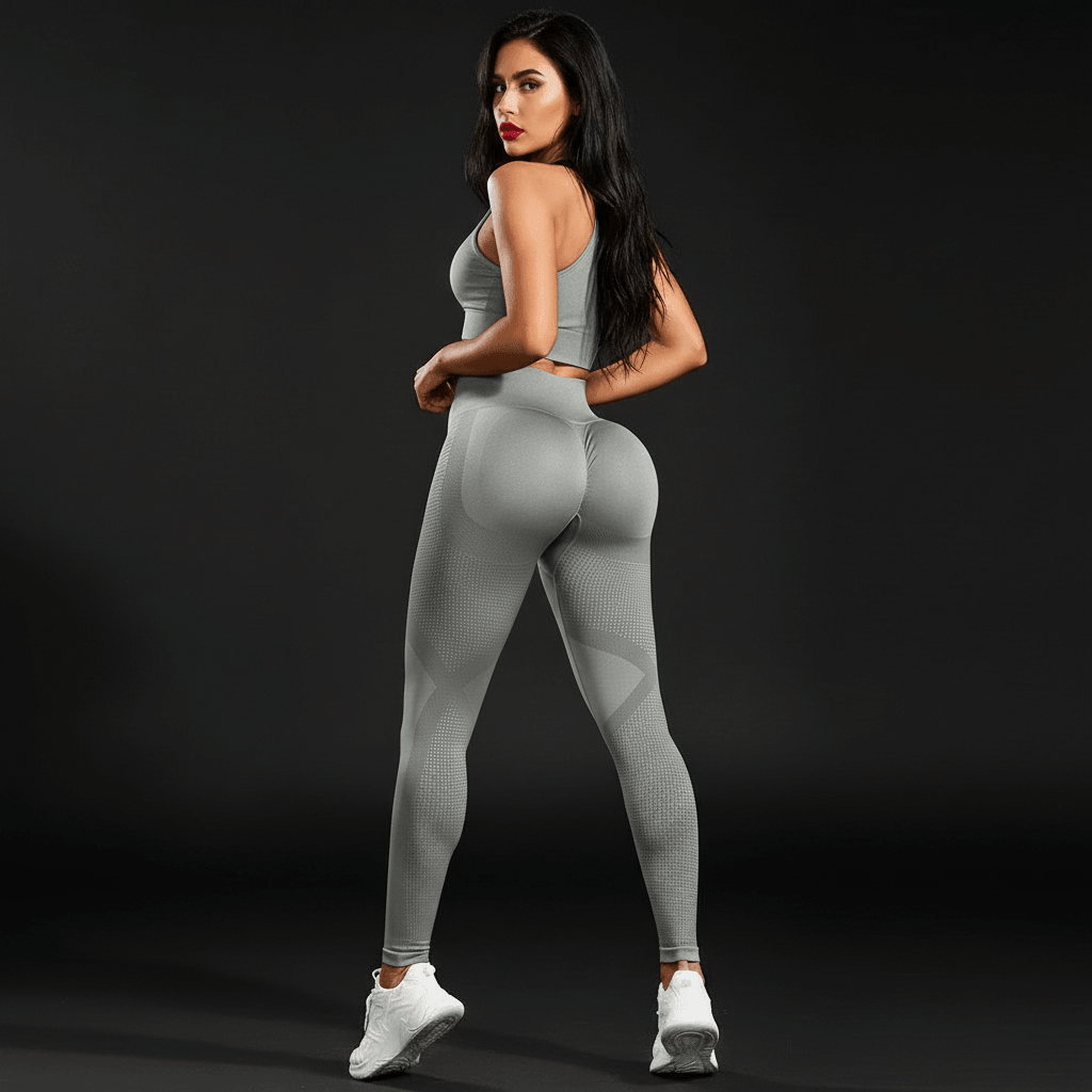 Legging de compression sculptant 3D FitSculpt Positiflow porté par une femme, vue de dos en tenue gris clair avec baskets blanches.