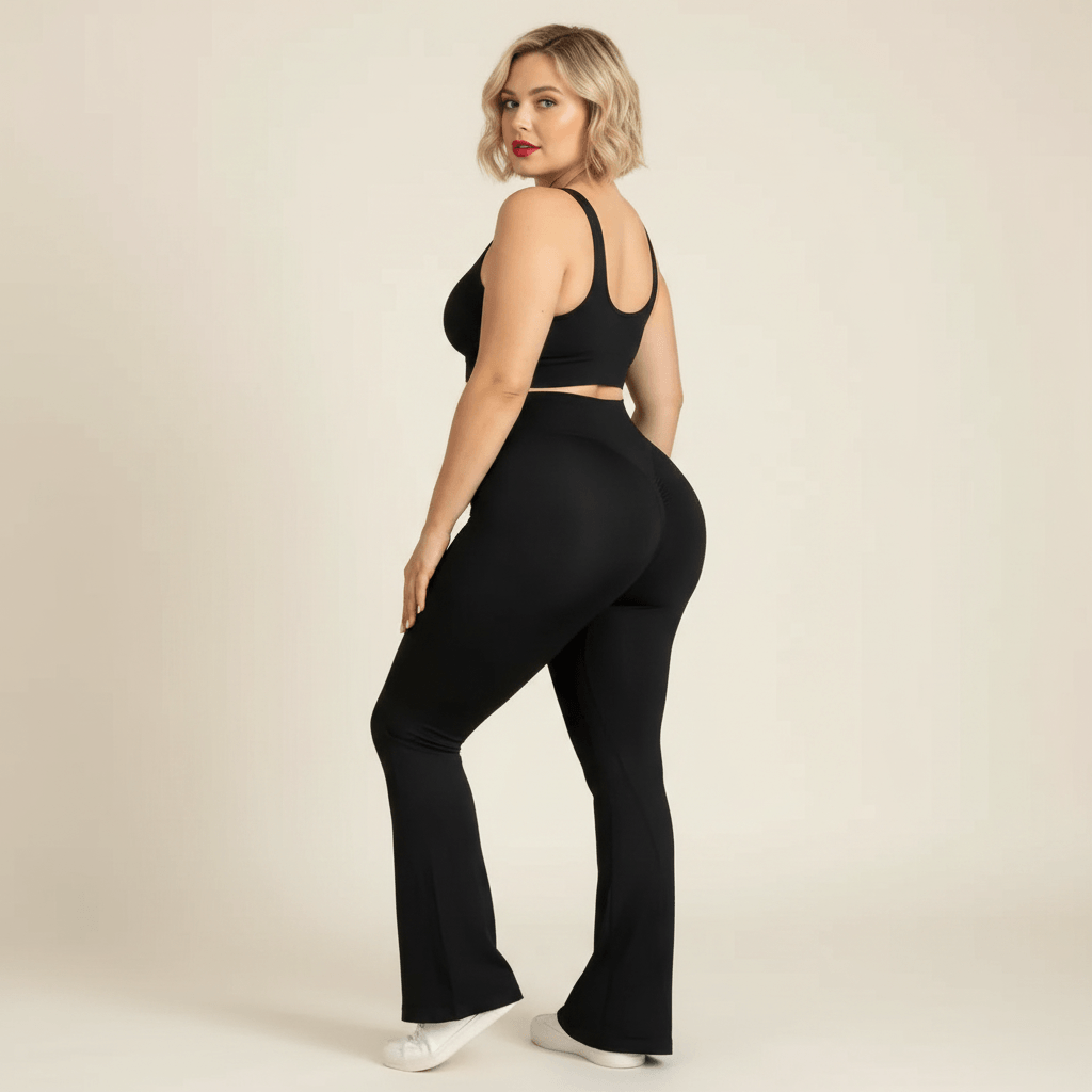 Legging flare grande taille noir vue de dos effet scrunch lift butt coupe évasée fond studio crème