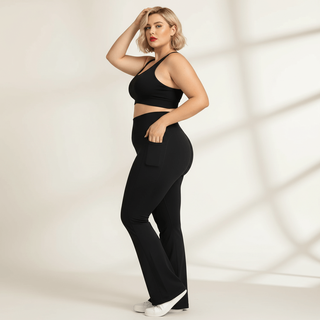 Legging flare grande taille noir taille haute poche latérale vue de profil pose fashion fond studio crème