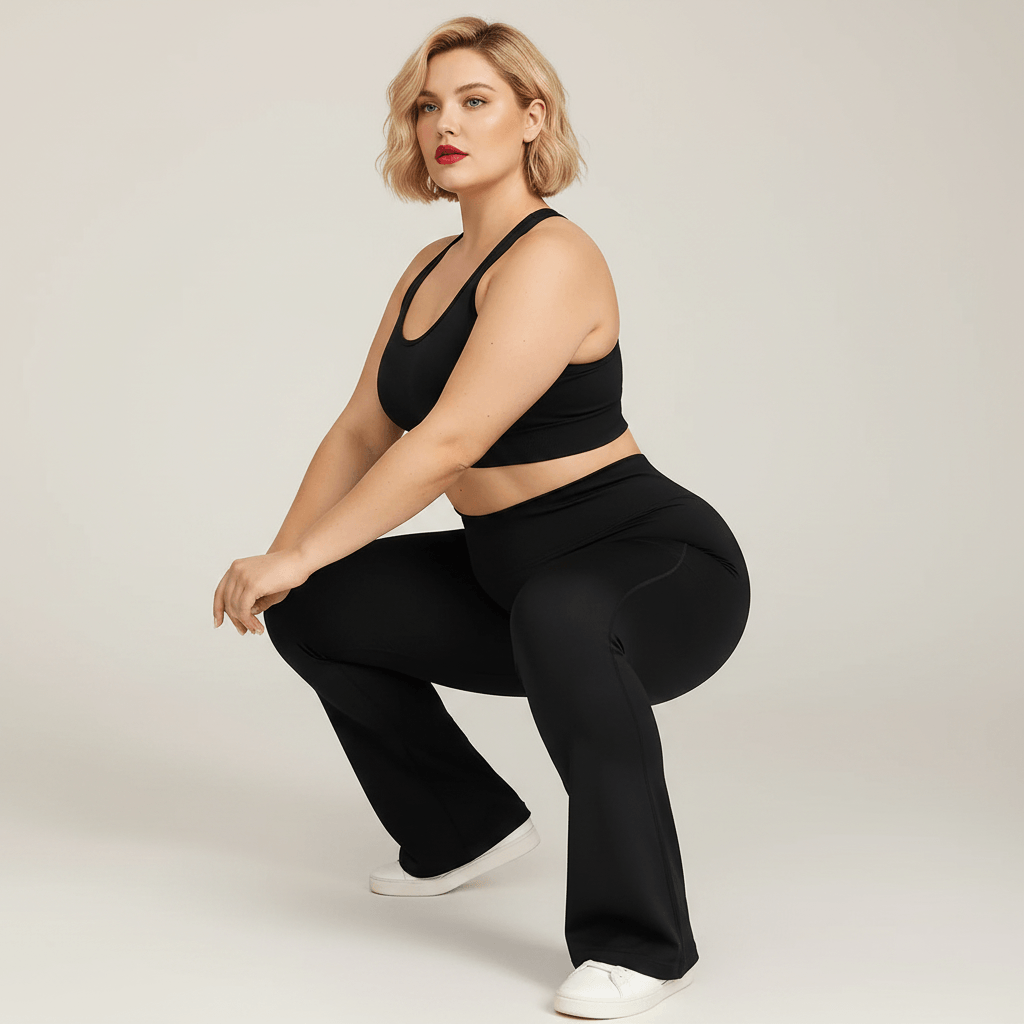 Legging flare grande taille noir taille haute squat test opacité maintien poches latérales fond studio crème