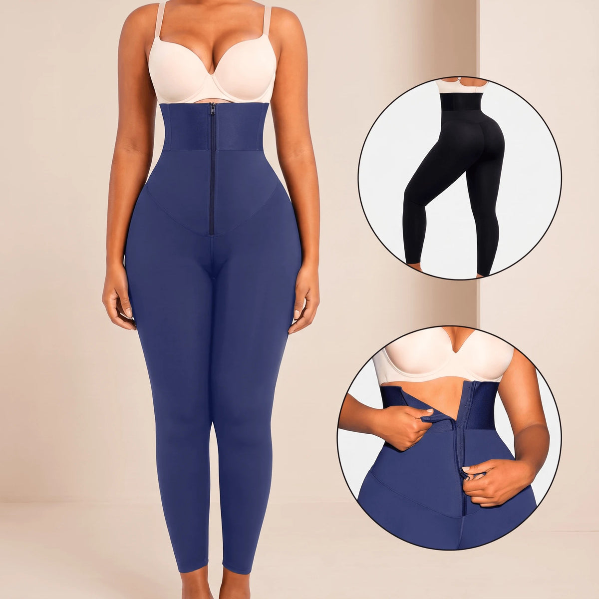 Legging marine à ceinture large : détails de la fermeture éclair que l'on ajuste à la taille et vue noire de dos, fessiers galbés
