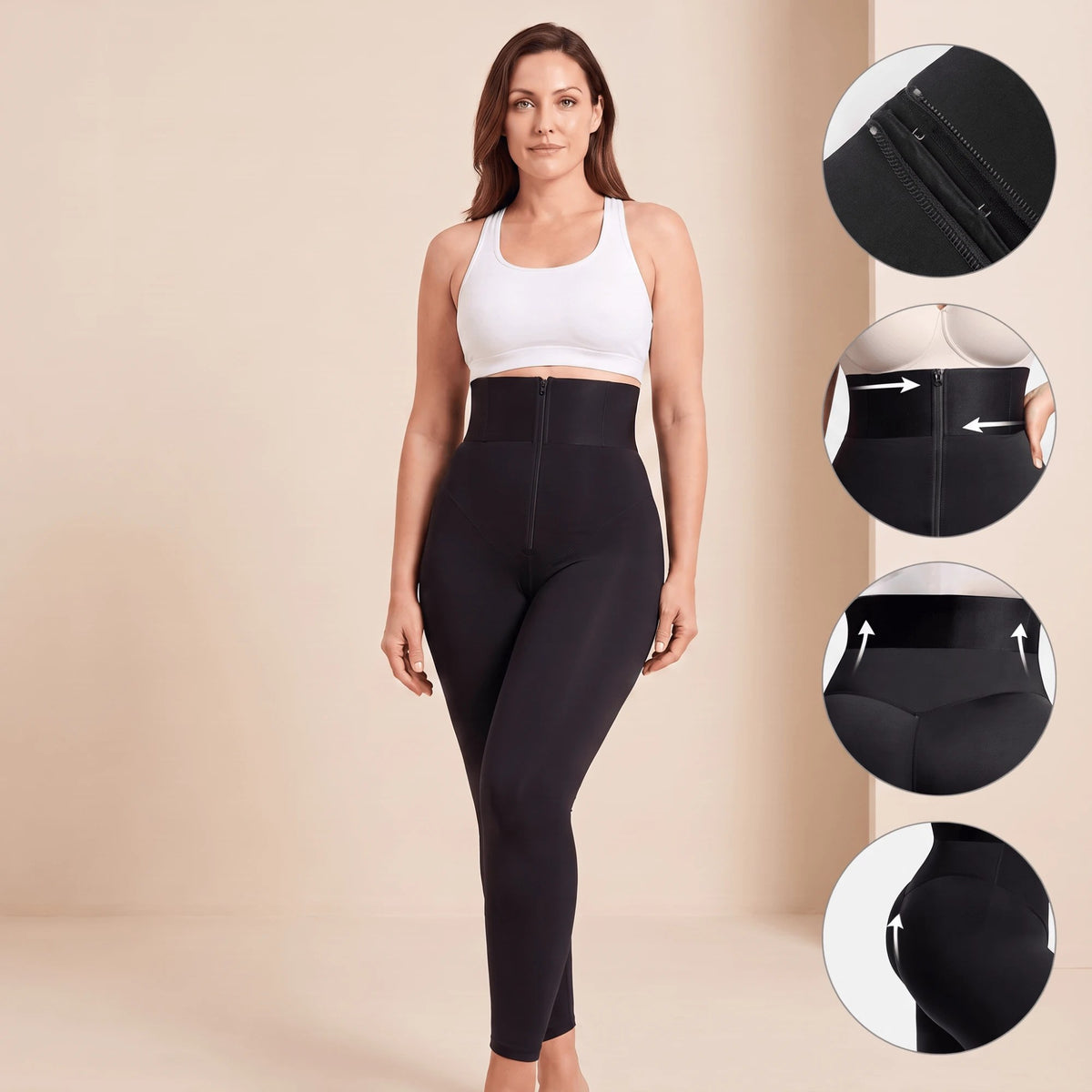Détails du legging sculptant zip noir : fermeture éclair doublée d'une bande à crochets, taille resserrée, relevé et galbe des fessiers