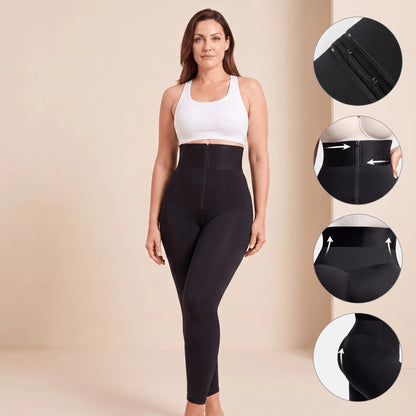 Détails du legging sculptant zip noir : fermeture éclair doublée d'une bande à crochets, taille resserrée, relevé et galbe des fessiers