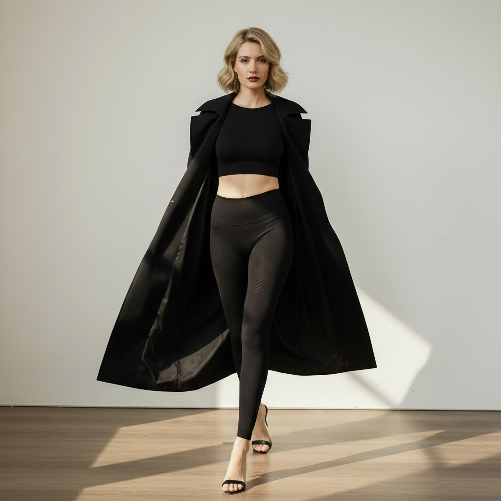 Legging gainant noir Positiflow, look athleisure walking girl fashion, studio ivory gray