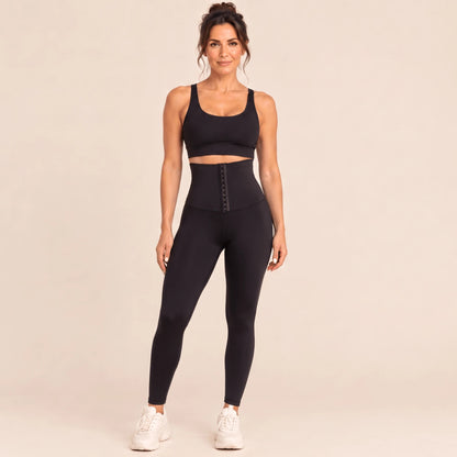 Legging gainant sport noir à ceinture corset à crochets, vue de face en pied : taille très haute, taille marquée et jambe galbée