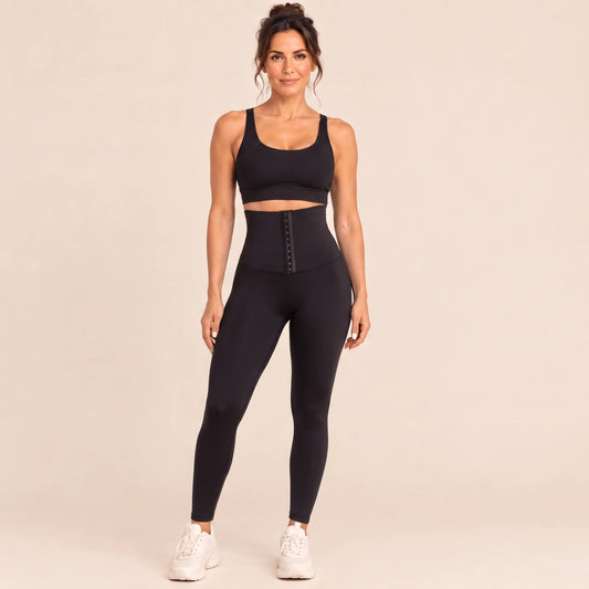 Legging gainant sport noir à ceinture corset à crochets, vue de face en pied : taille très haute, taille marquée et jambe galbée