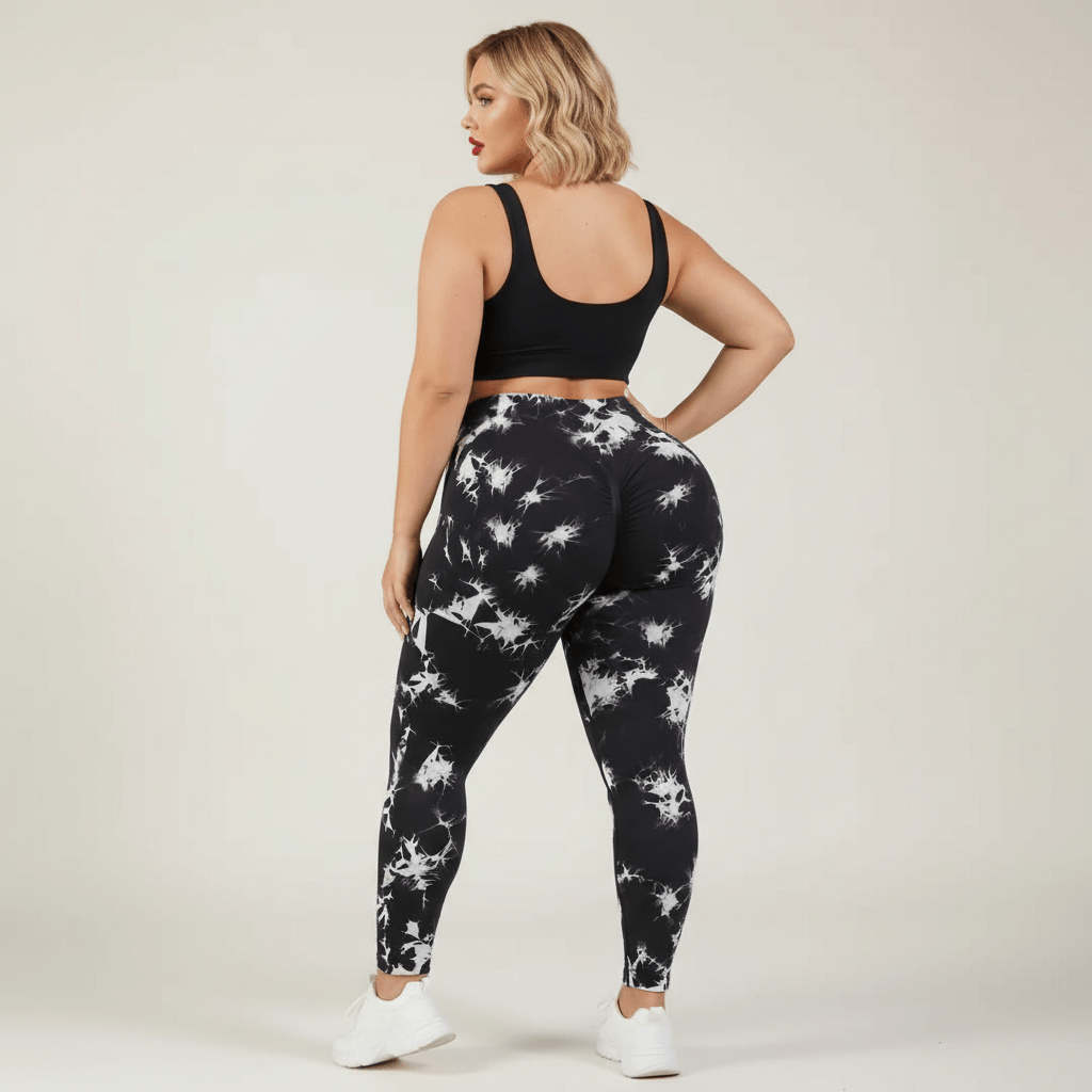 Legging grande taille femme taille haute seamless imprimé tie-dye noir et blanc vue de dos galbe fessier effet push-up studio crème