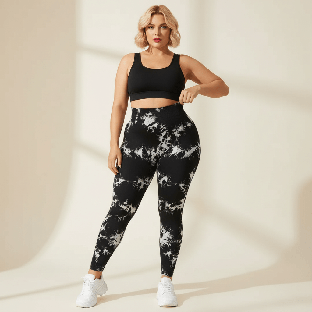 Legging grande taille femme taille haute seamless imprimé tie-dye noir et blanc main tirant ceinture extensibilité tissu souple studio crème