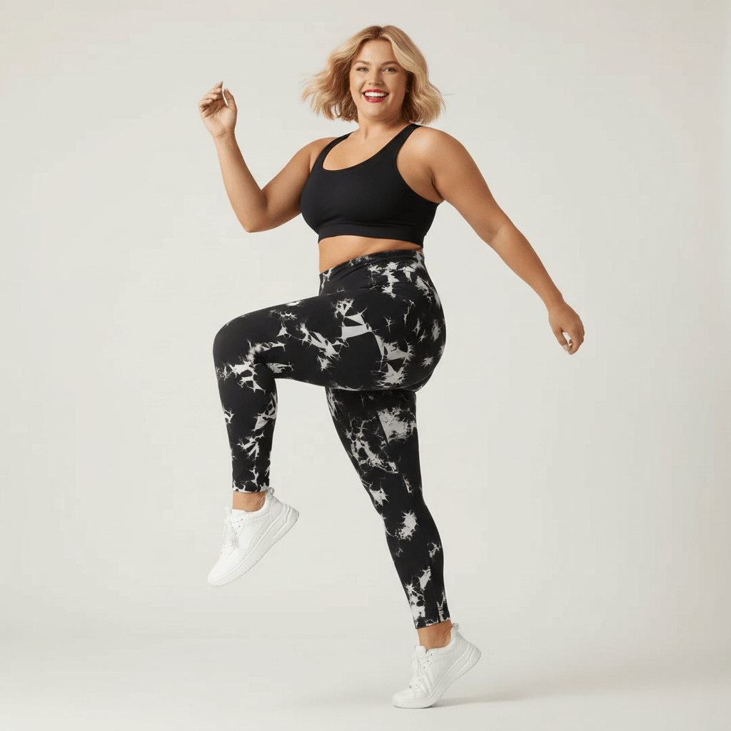 Legging grande taille femme taille haute seamless imprimé tie-dye noir et blanc marche dynamique énergie sourire studio crème