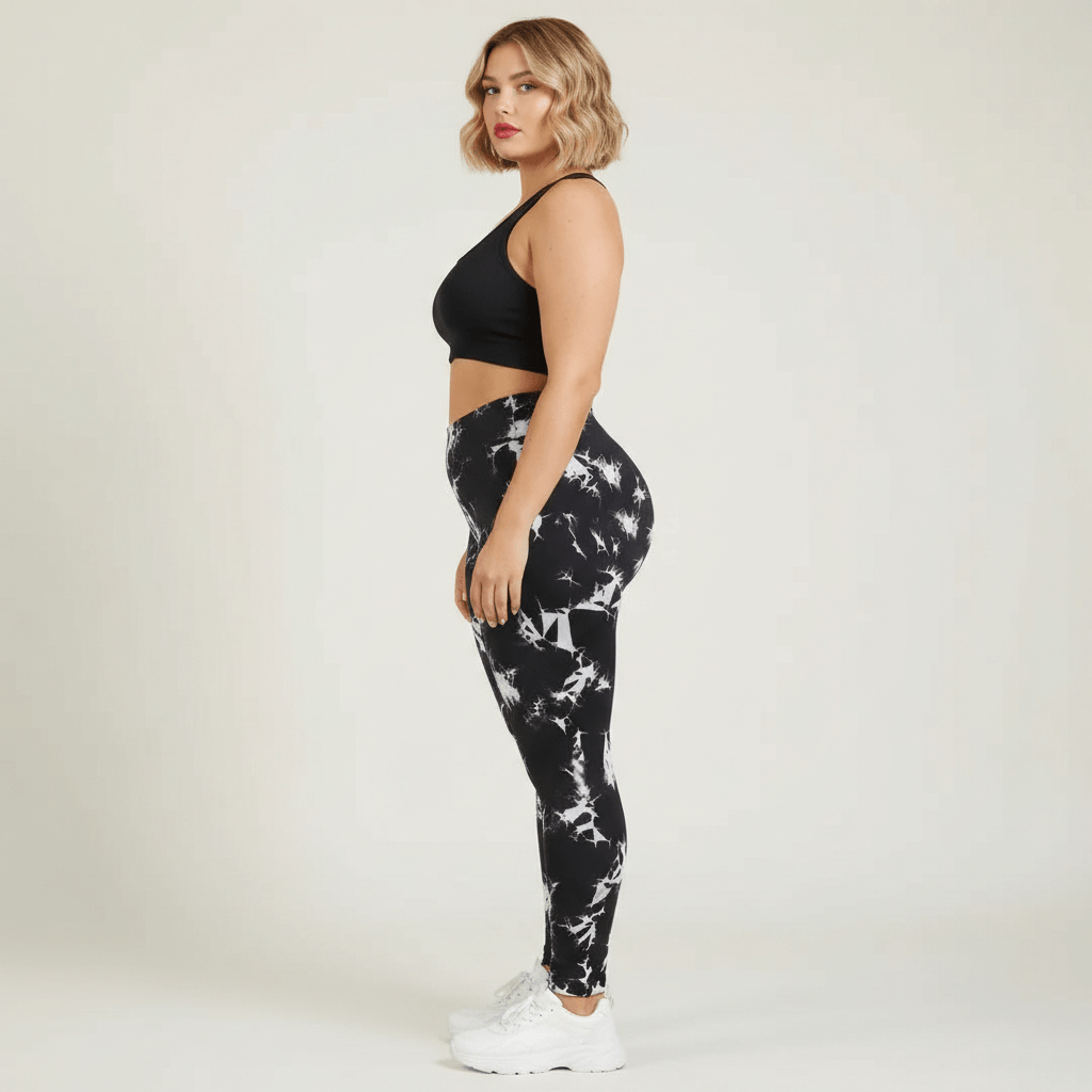 Legging grande taille femme taille haute seamless imprimé tie-dye noir et blanc vue de profil debout ligne taille haute studio crème
