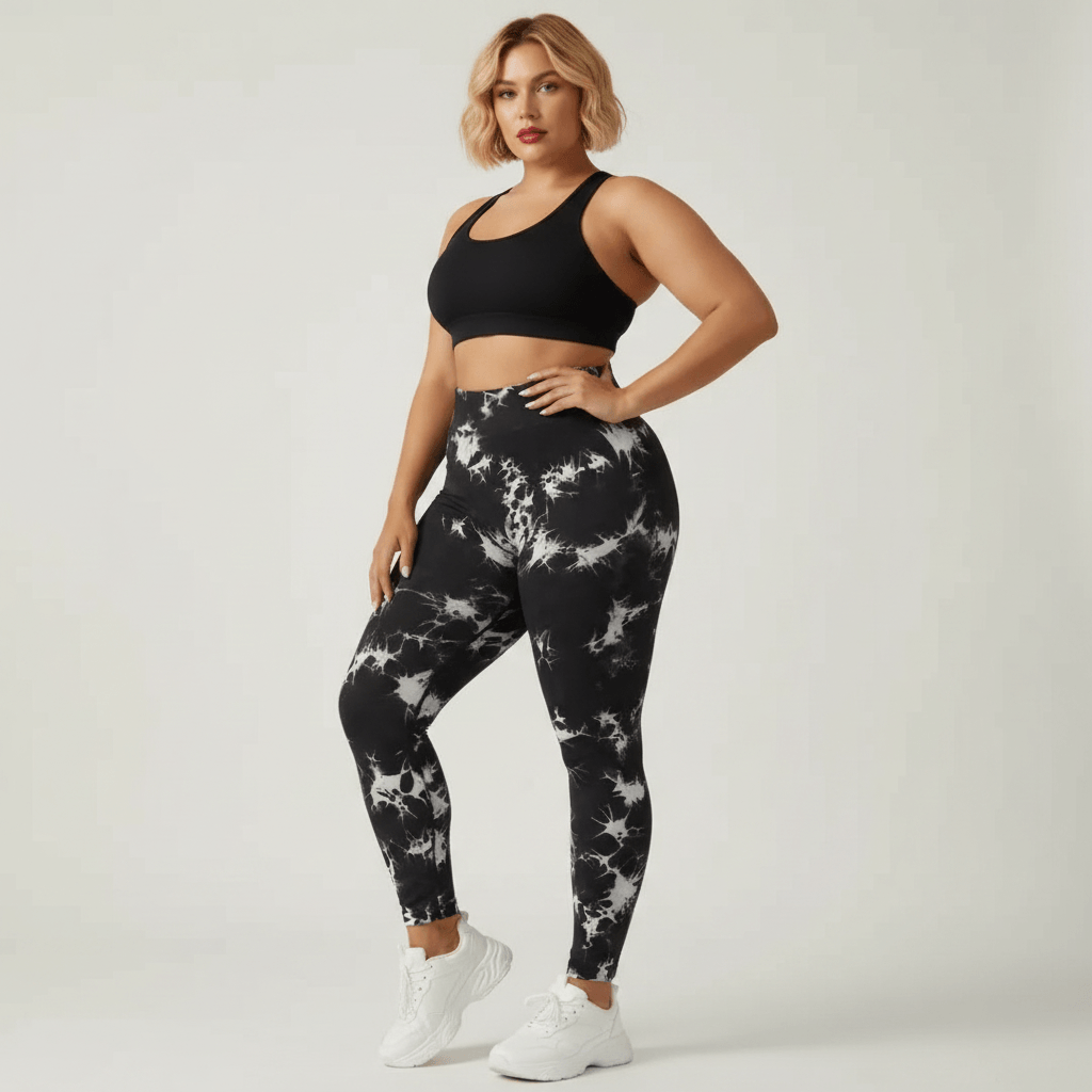 Legging grande taille femme taille haute seamless imprimé tie-dye noir et blanc pose trois quarts face main sur la hanche studio crème