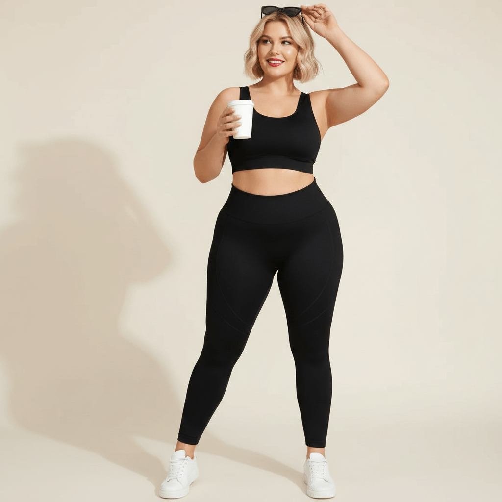 Legging grande taille noir taille haute seamless push-up contour seams pose athleisure décontractée lifestyle studio crème