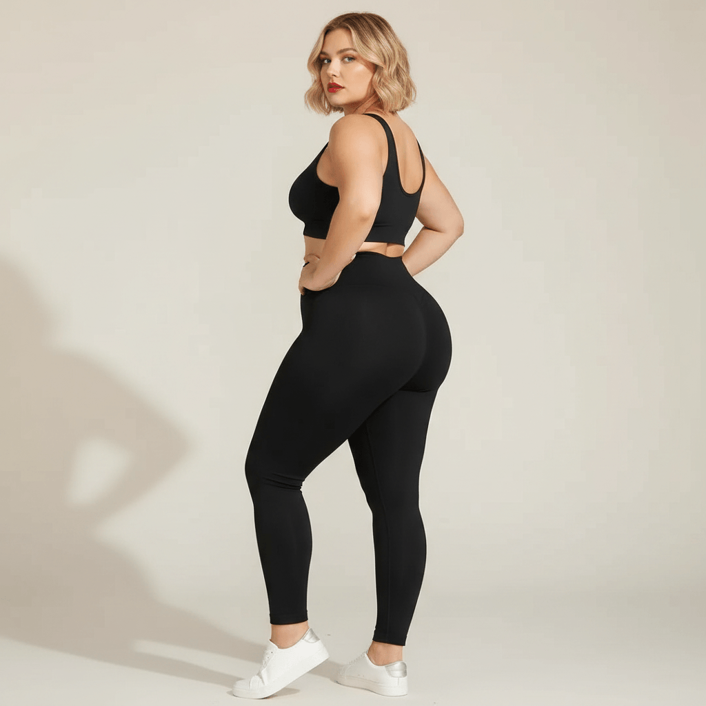Legging grande taille noir taille haute seamless push-up contour seams vue trois quarts dos galbe fessier coutures sculptantes studio crème