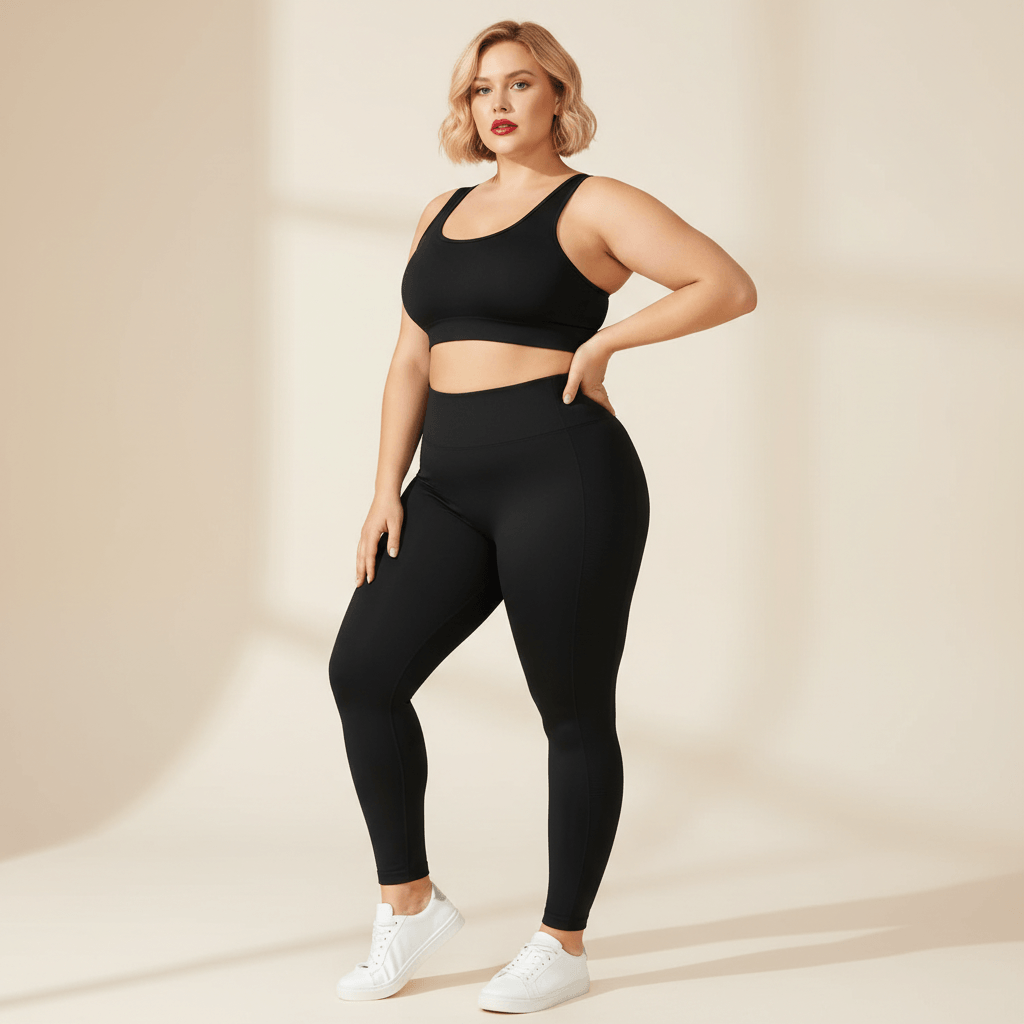 Legging grande taille noir taille haute seamless push-up contour seams pose face main sur la hanche brassière noire studio crème