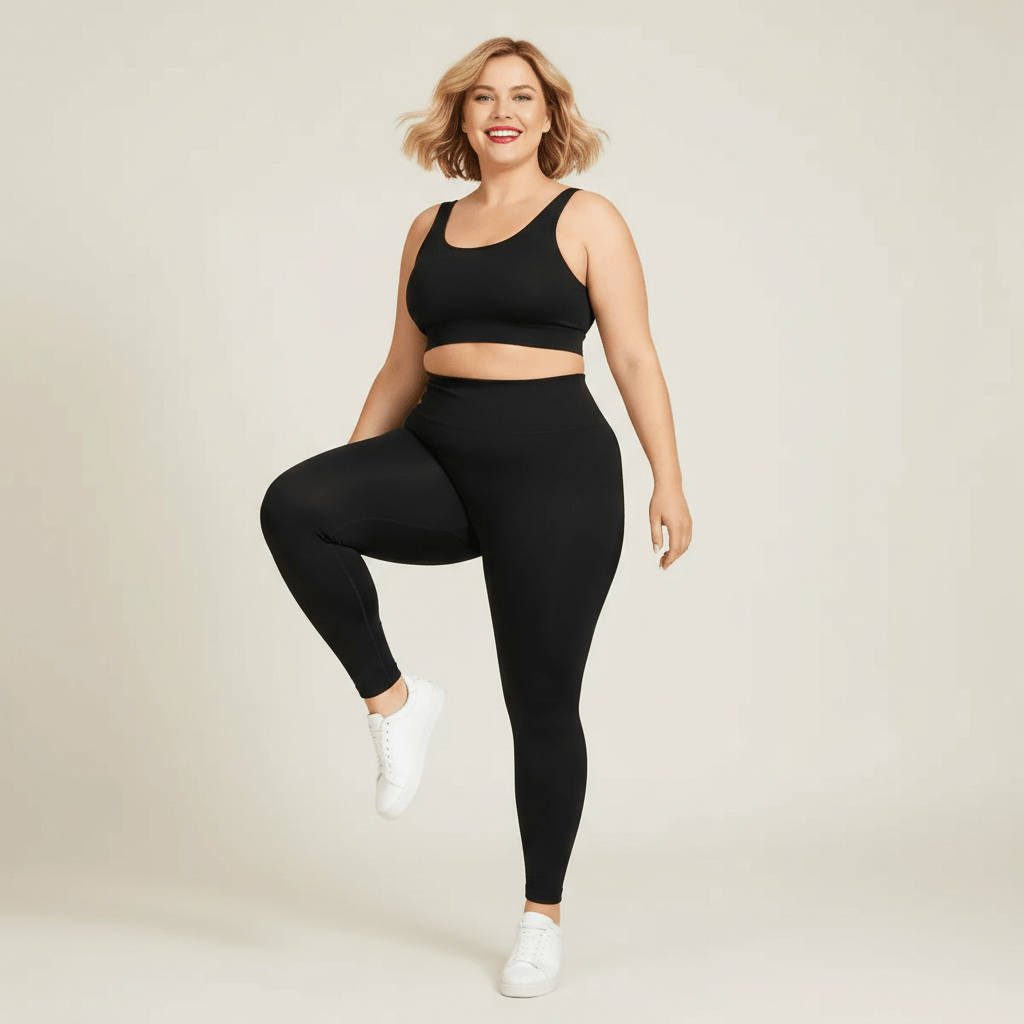 Legging grande taille noir taille haute seamless push-up contour seams marche dynamique énergie sourire studio crème