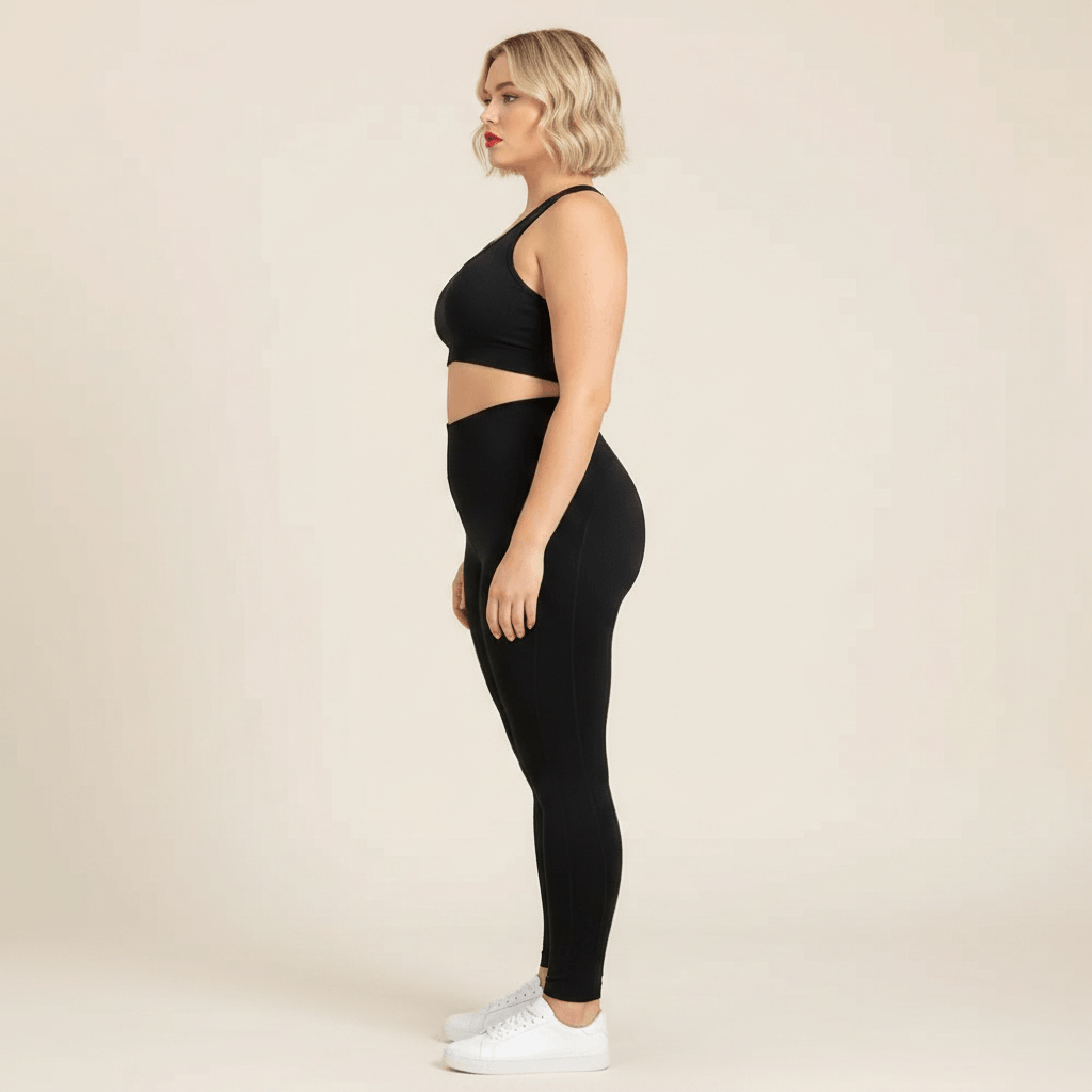 Legging grande taille noir taille haute seamless push-up contour seams vue de profil debout ligne taille haute studio crème