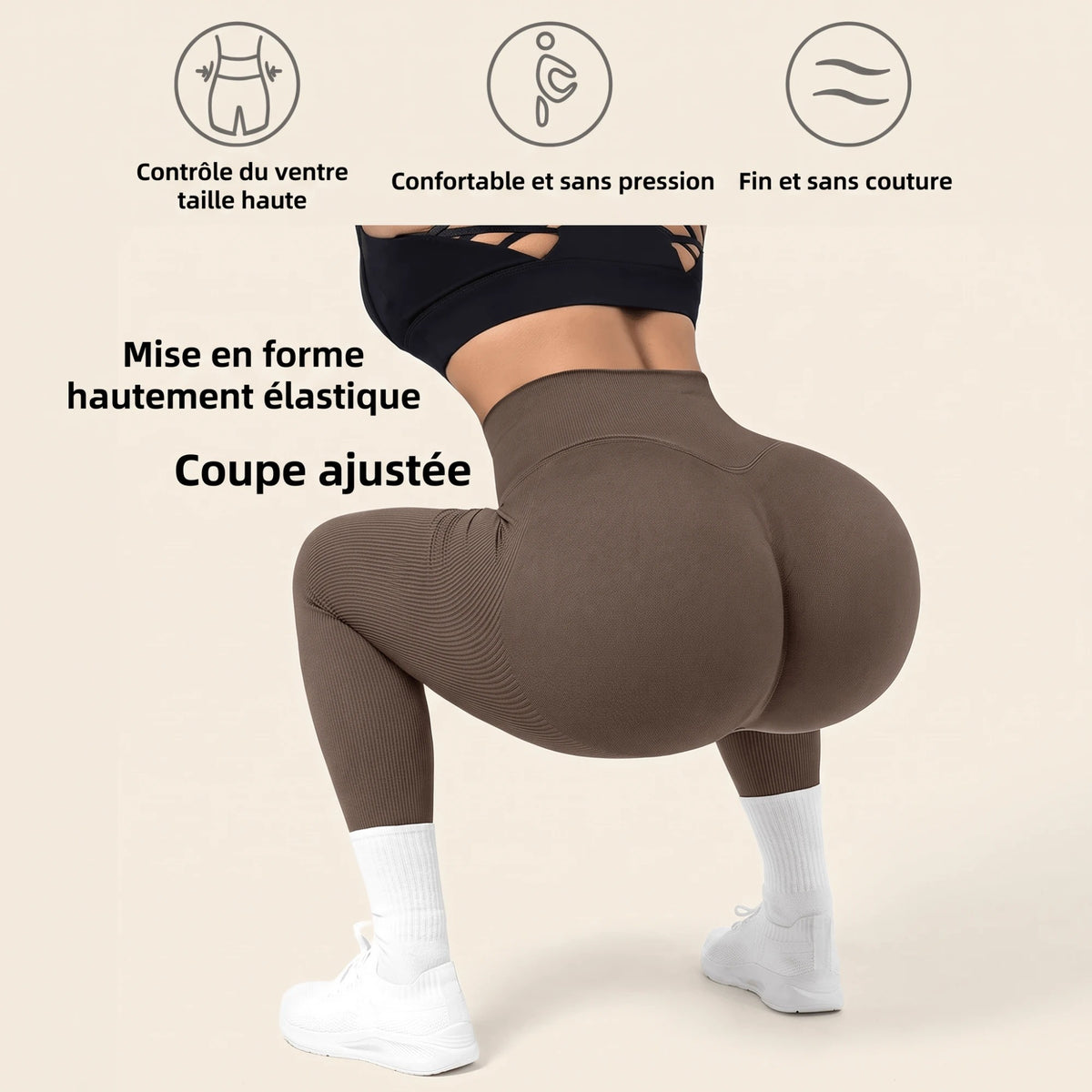 Legging marron en squat : taille haute, confortable et sans pression, fin et sans couture, coupe ajustée