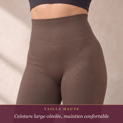 Gros plan sur la ceinture large côtelée du legging marron taille haute