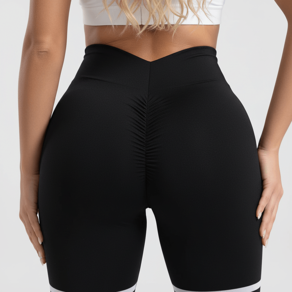 Legging noir à bandes blanches, zoom détail scrunch au dos, studio gris clair
