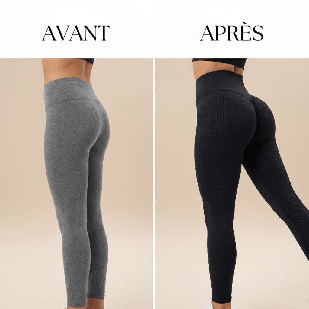 Legging Push Up Sculptant avant/après: silhouette galbée et maintien renforcé, démontrant l’effet sculptant et la couvrance squat-proof.