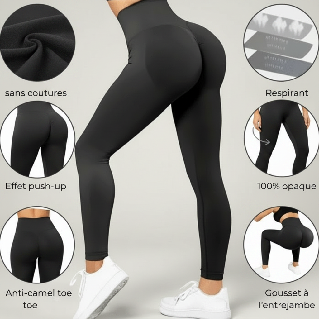 Legging push up noir, visuel caractéristiques (sans coutures, respirant, squat-proof, effet push-up), sur fond gris minimaliste.