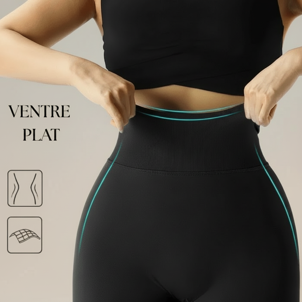 Legging push up noir, focus ceinture taille haute effet ventre plat (maintien), visuel explicatif sur fond IVORY GRAY minimaliste.