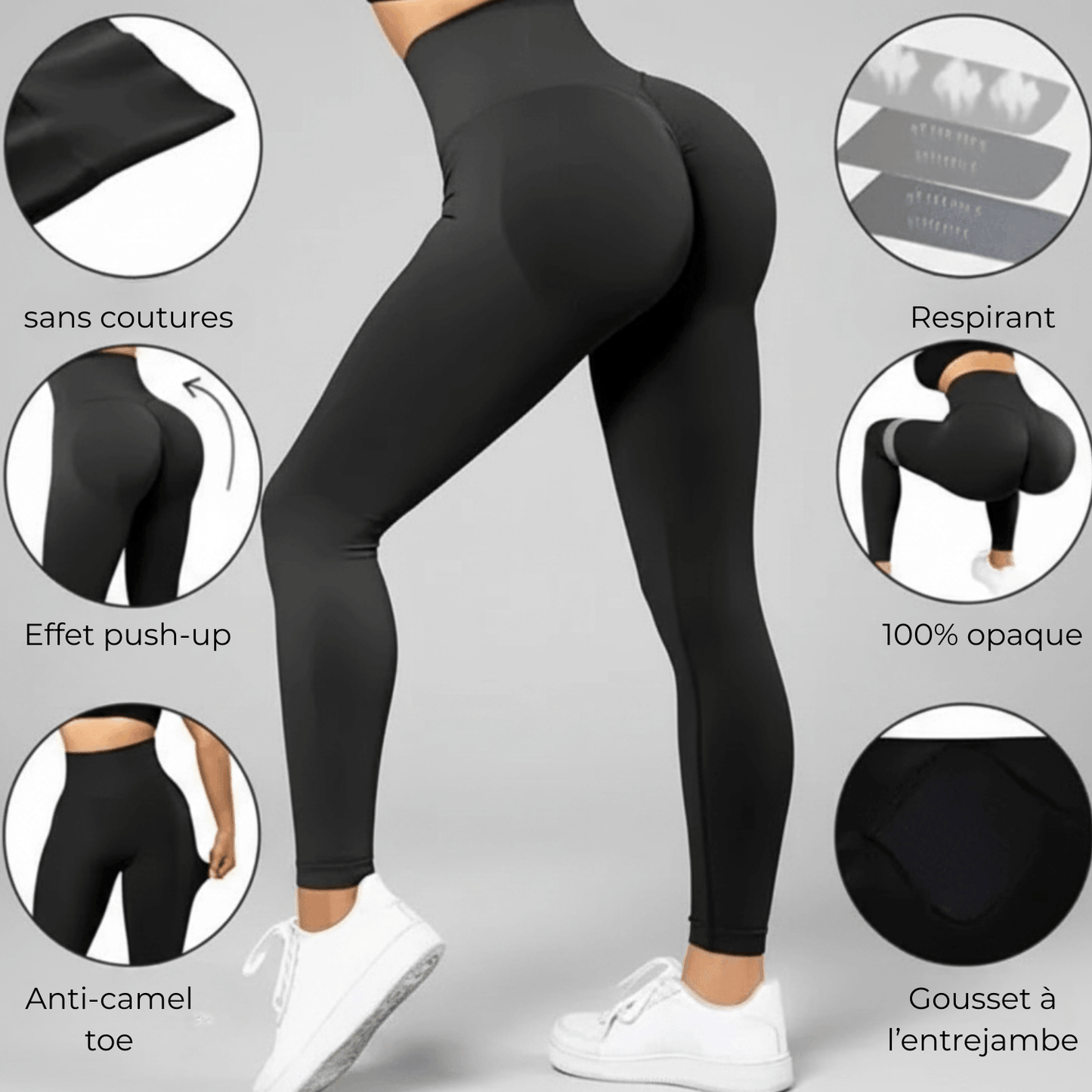 Legging push up noir, visuel caractéristiques (sans coutures, respirant, squat-proof, effet push-up), sur fond gris minimaliste.