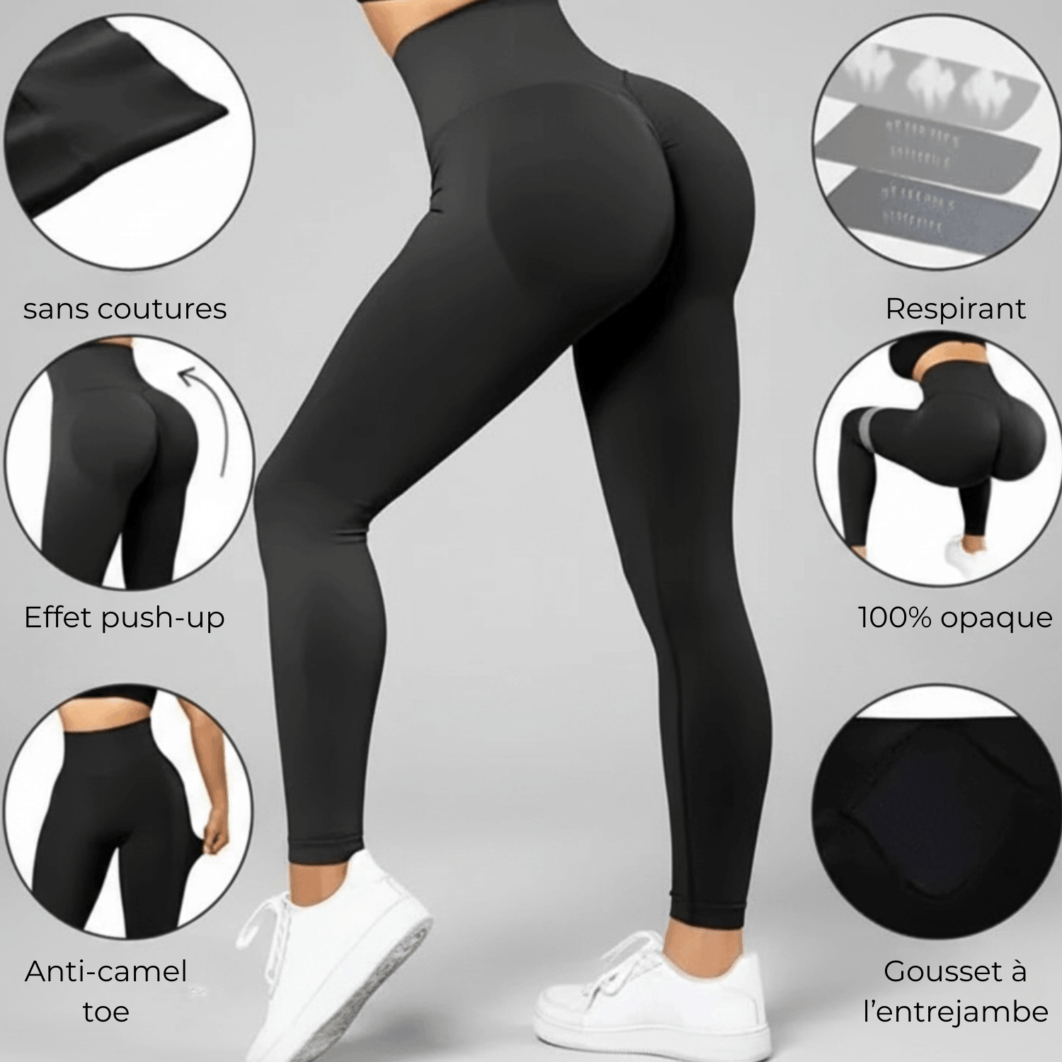 Legging push up noir, visuel caractéristiques (sans coutures, respirant, squat-proof, effet push-up), sur fond gris minimaliste.
