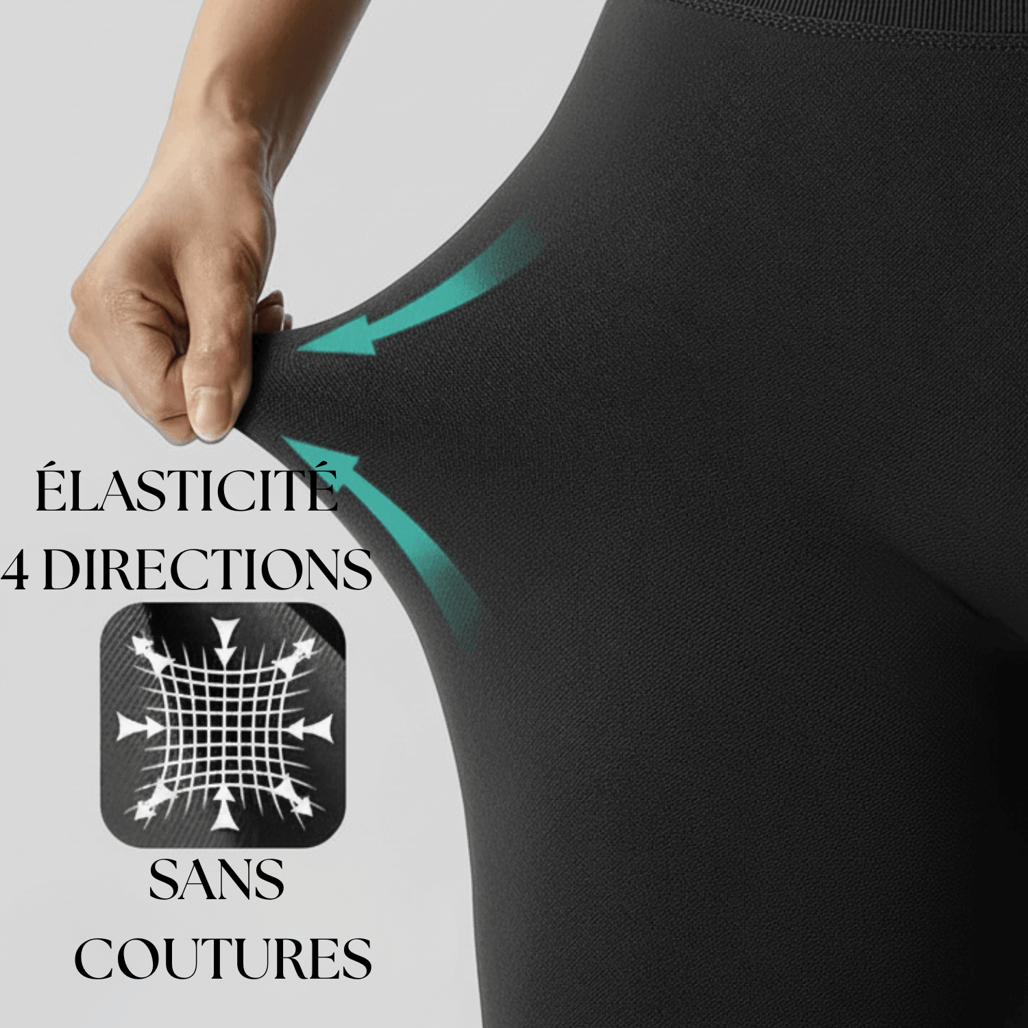  Legging push up noir, tissu extensible 4 directions sans coutures, visuel démonstration stretch sur fond gris minimaliste.