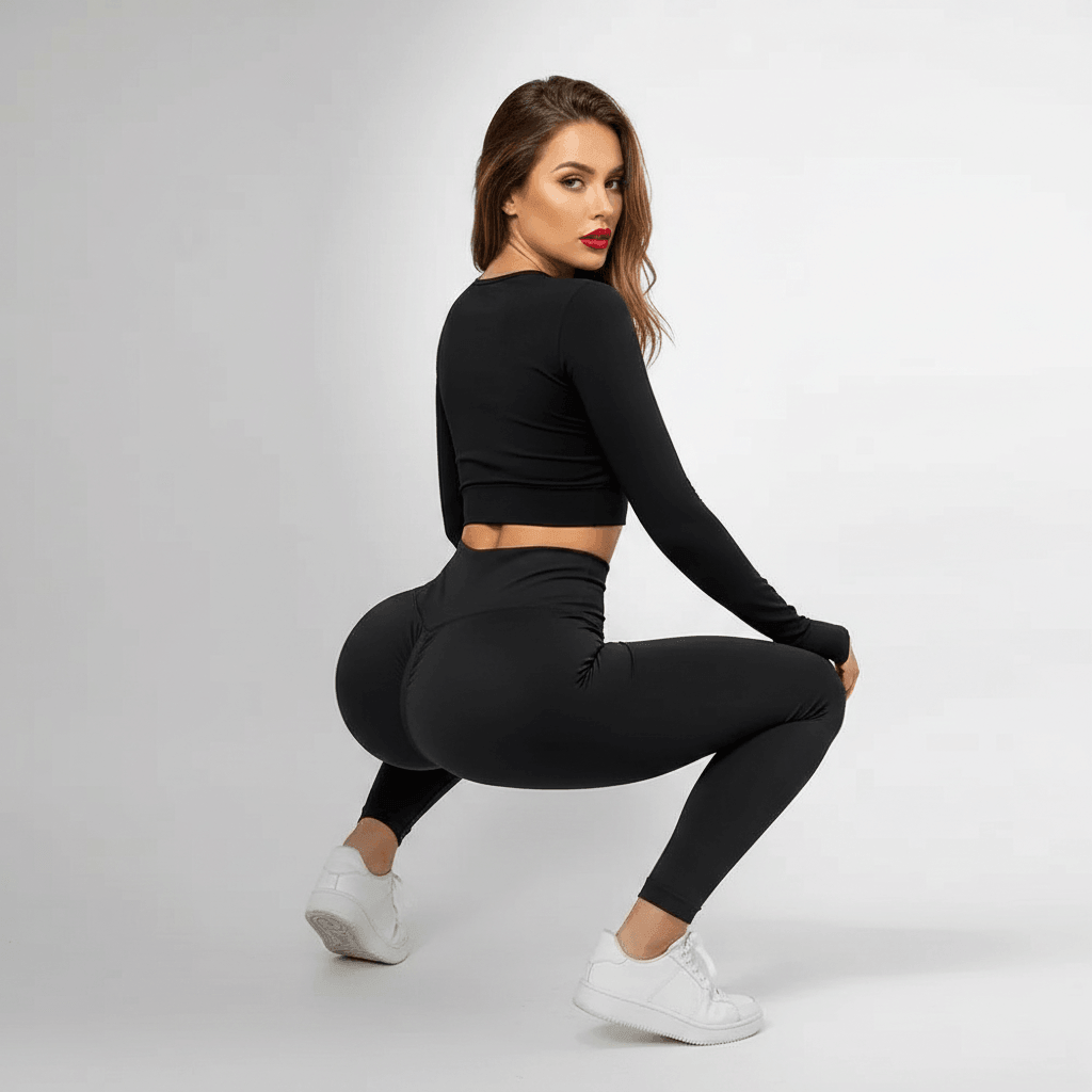 Legging push up noir, pose squat vue de dos face caméra, photo studio fond gris minimaliste, silhouette galbée effet lift.