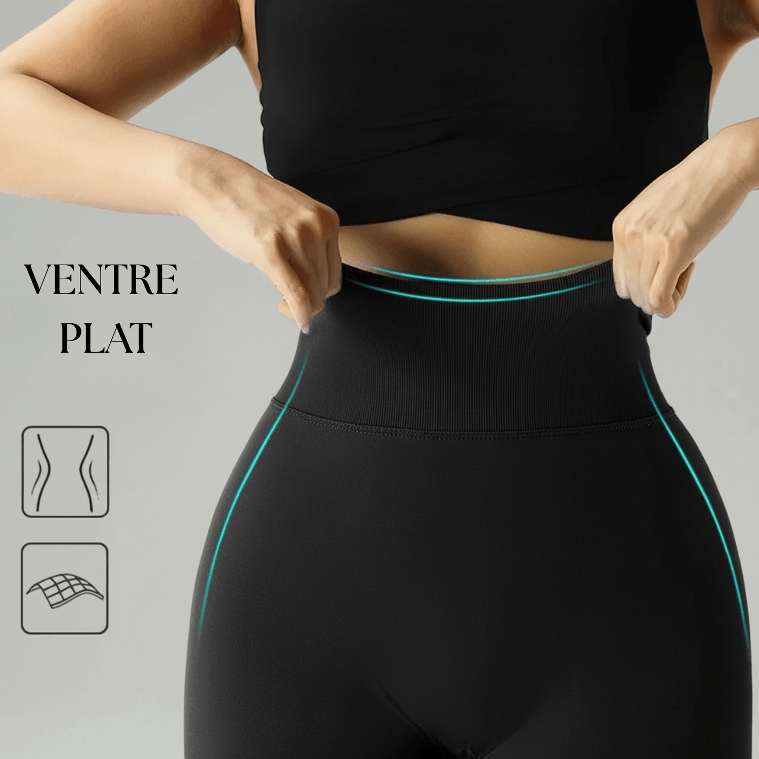 Legging push up noir, focus ceinture taille haute effet ventre plat (maintien), visuel explicatif sur fond gris minimaliste.