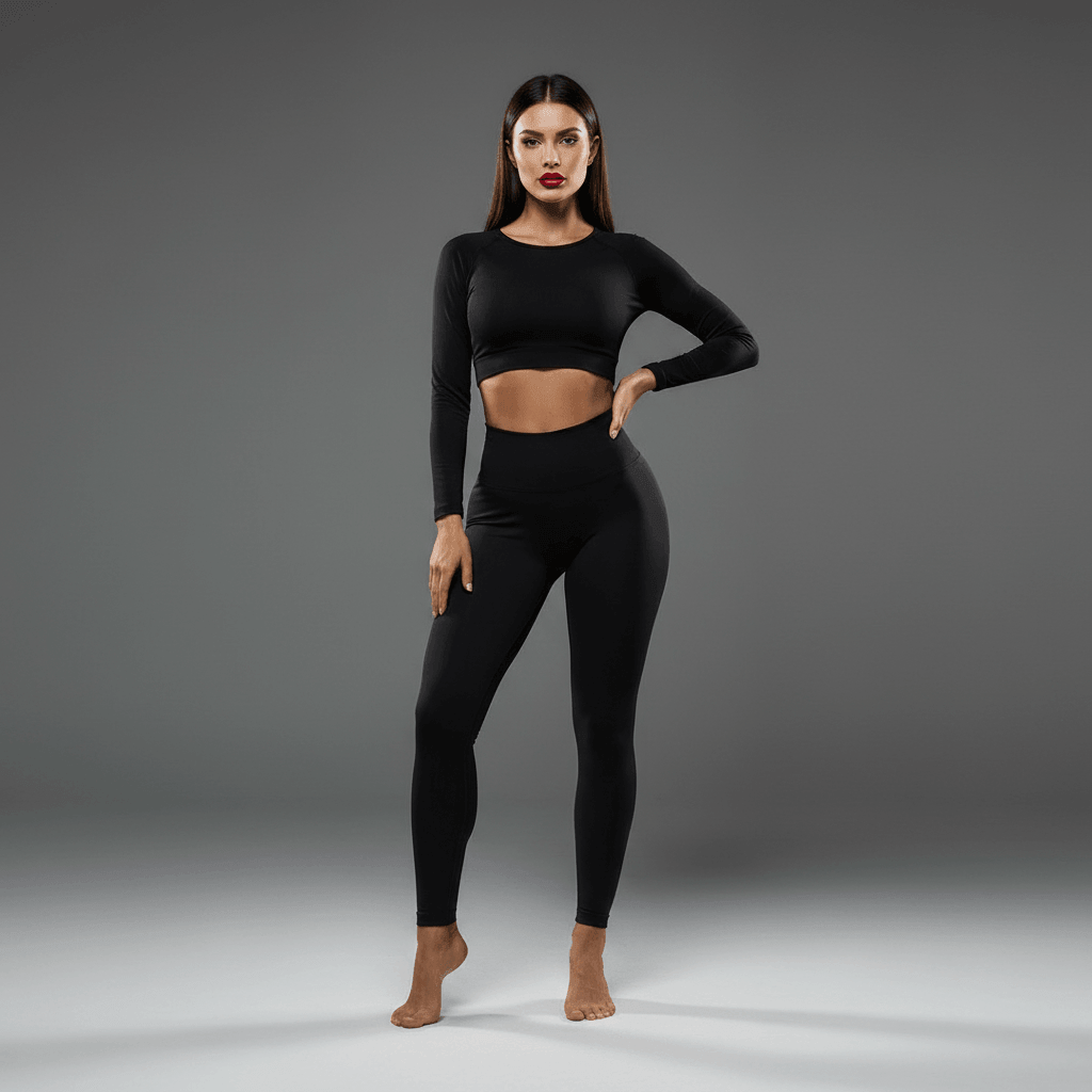 Legging push up noir, vue de face avec pose élégante et visage visible, photo studio fond gris minimaliste, taille haute gainante.