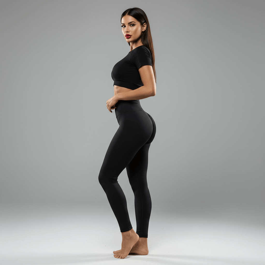 Legging push up noir, vue de profil debout avec visage visible, photo studio fond gris minimaliste, silhouette sculptée.