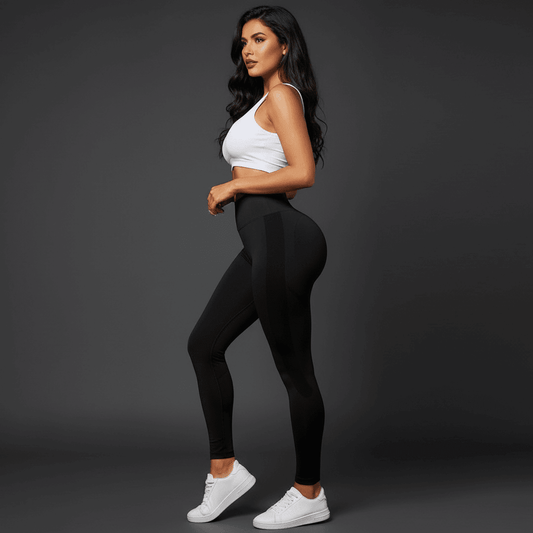 Legging Push Up noir femme vue de profil sur fond gris - legging taille haute effet galbant